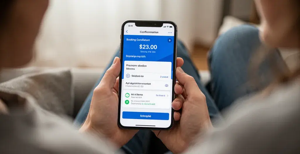 Voyageur consultant sa réservation de parking sur smartphone