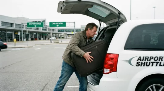 Voyageur chargeant sa valise dans une navette parking CDG