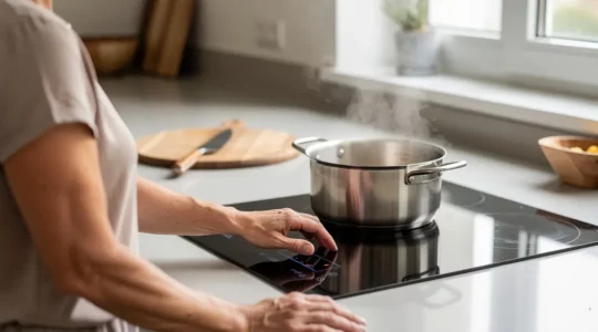 Plaque à induction moderne en fonctionnement dans cuisine familiale