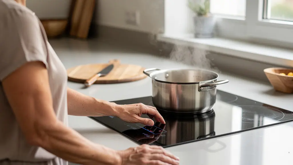Plaque à induction moderne en fonctionnement dans cuisine familiale