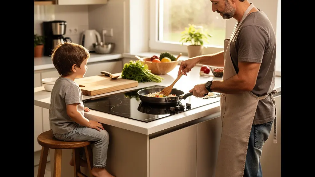 Parent cuisinant sur plaque induction avec enfant à distance sécurisée