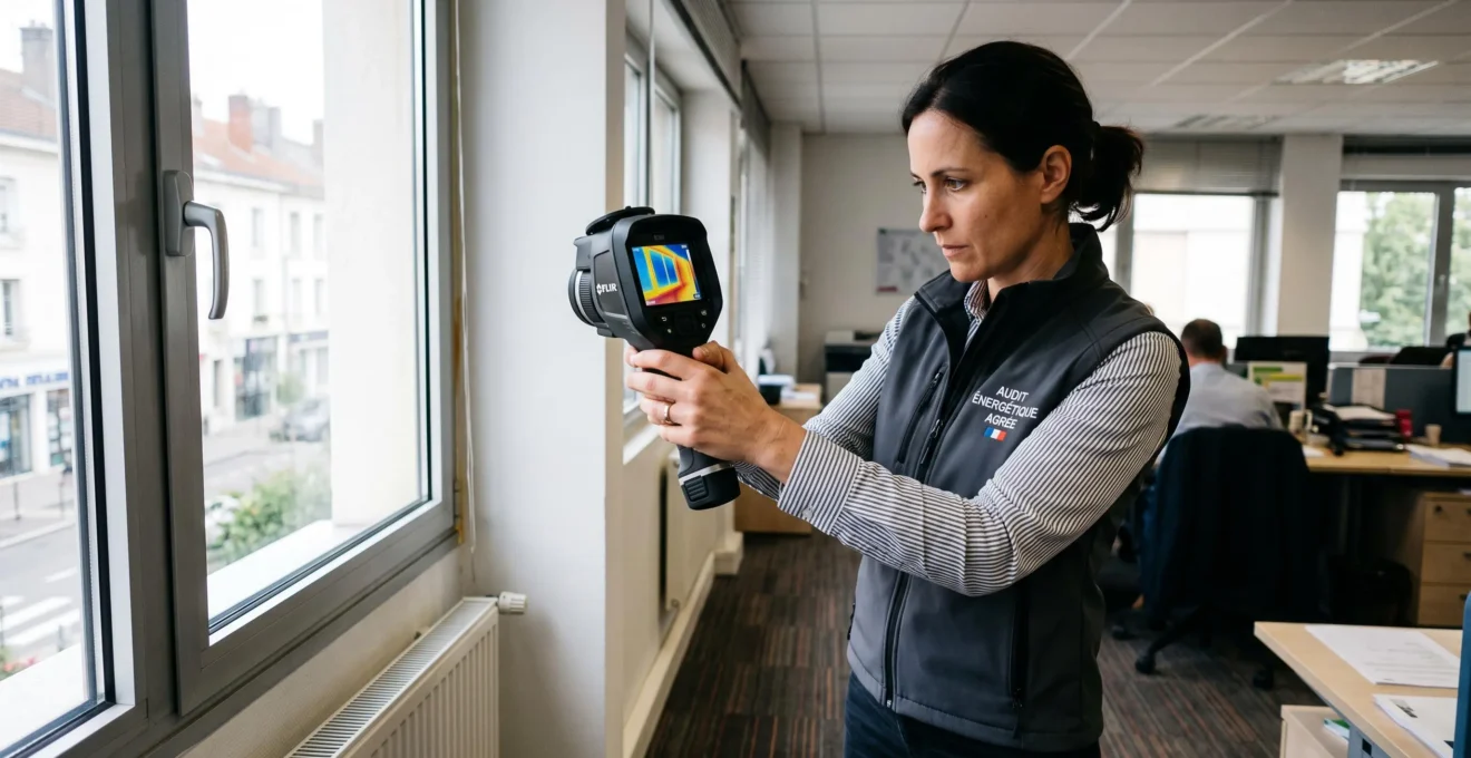Auditeur énergétique utilisant une caméra thermique pour détecter les déperditions de chaleur près d'une fenêtre de bureau