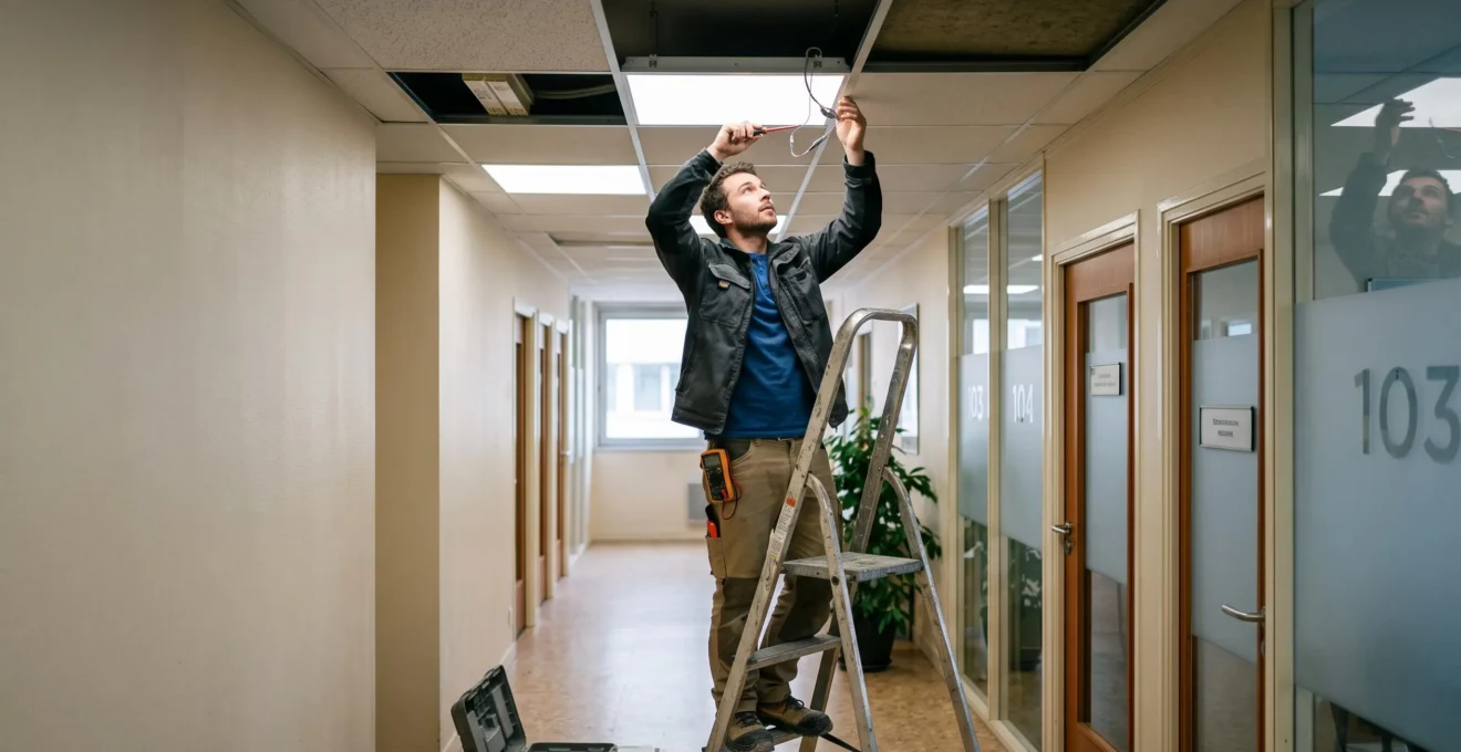 Électricien installant un luminaire LED au plafond d'un couloir de bâtiment tertiaire