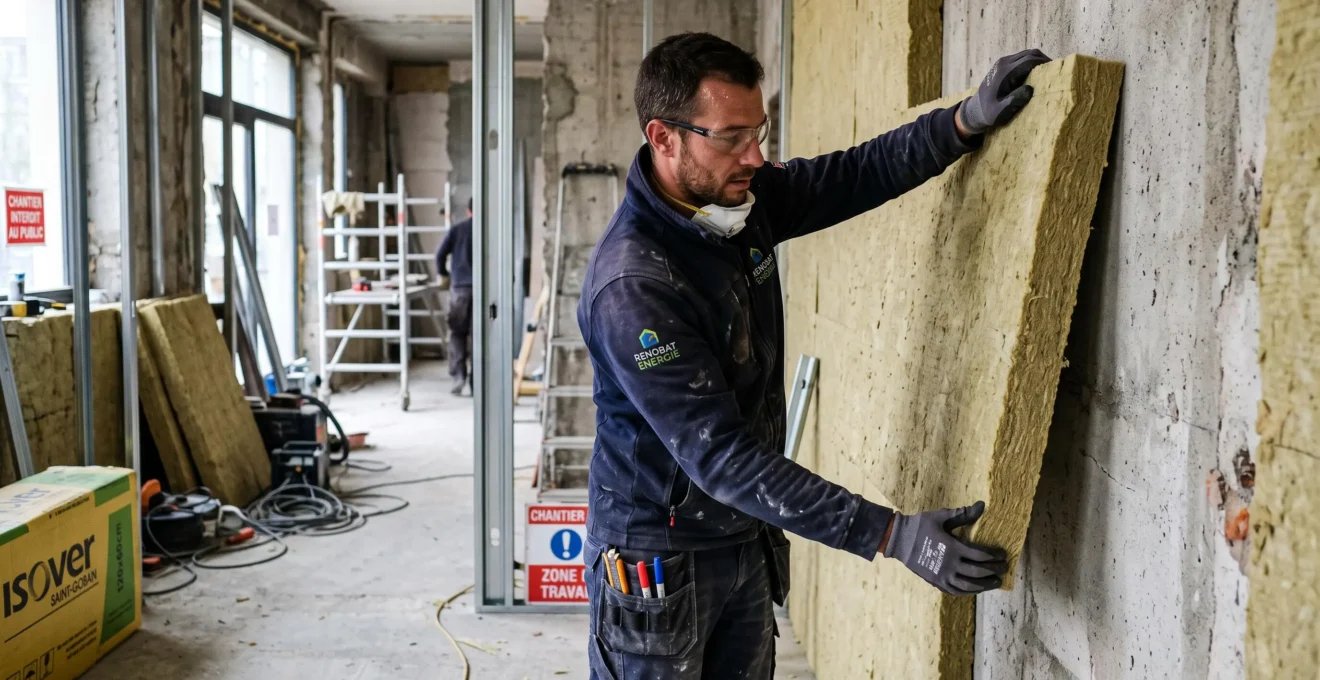 Technicien installant des panneaux d'isolation thermique sur le mur d'un bâtiment tertiaire en rénovation