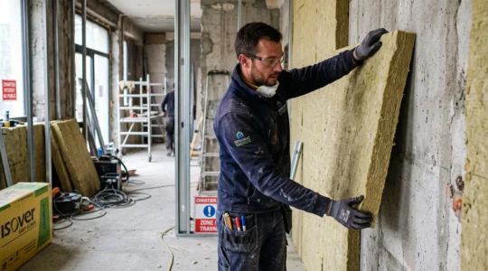 Technicien installant des panneaux d'isolation thermique sur le mur d'un bâtiment tertiaire en rénovation