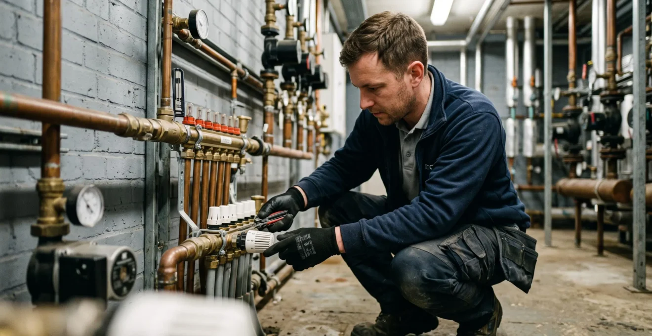 Technicien réglant des vannes thermostatiques sur un collecteur de chauffage dans un local technique