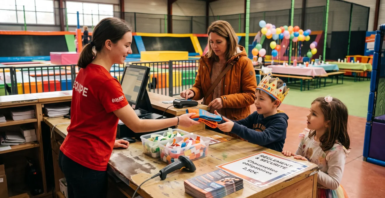 Un employé remet des chaussettes antidérapantes à deux enfants venus fêter un anniversaire.