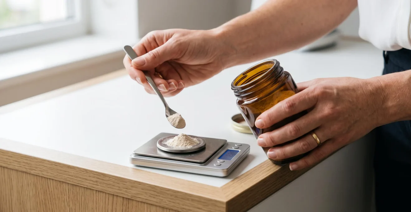 Des mains prélèvent de la poudre de bisglycinate de magnésium sur une balance de précision.
