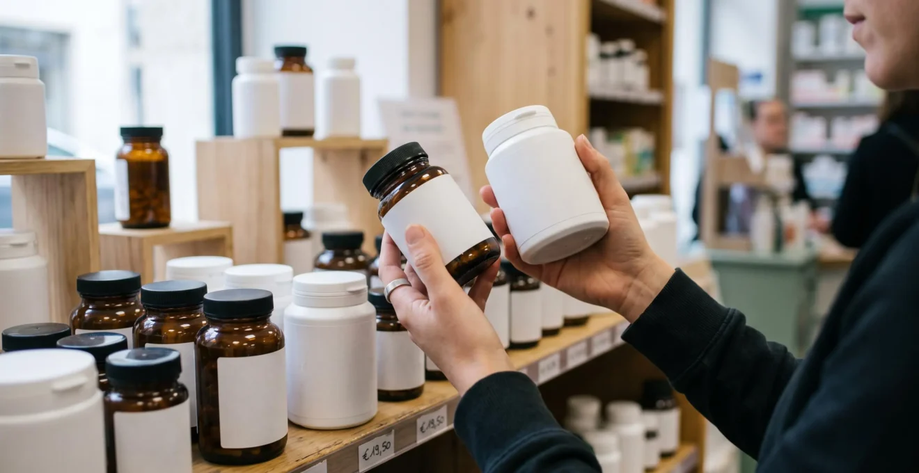 Une main compare deux pilules de compléments sans étiquette sur un rayon de pharmacie.