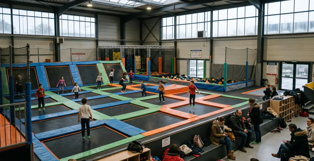 Des enfants sautent sur les trampolines d'un parc indoor pendant que des parents regardent.