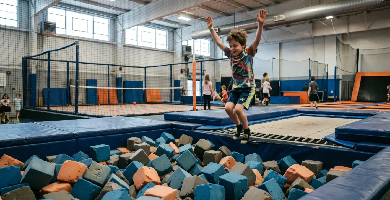 Un garçon plonge dans une mousse à blocs depuis un trampoline dans un parc indoor.