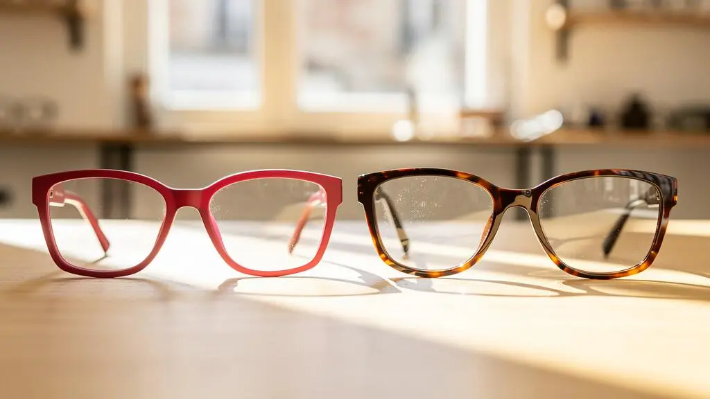 Deux montures de lunettes de la même couleur, une mate et une brillante, posées côte à côte.