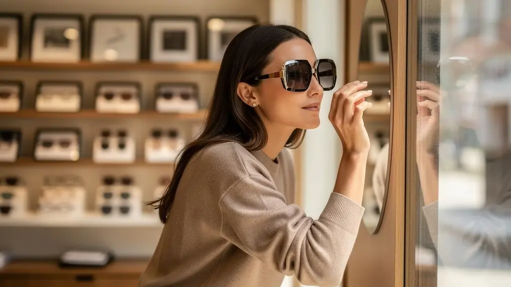 Une femme essaie des lunettes de soleil rétrofuturistes devant un miroir en boutique.