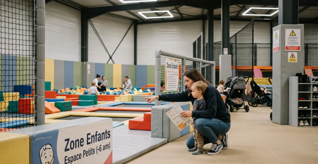 Une mère avec un tout-petit observe la zone réservée aux plus petits dans un parc indoor.