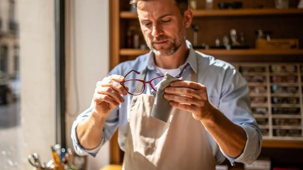 Un opticien essuie délicatement une monture mate avec un chiffon en microfibre.