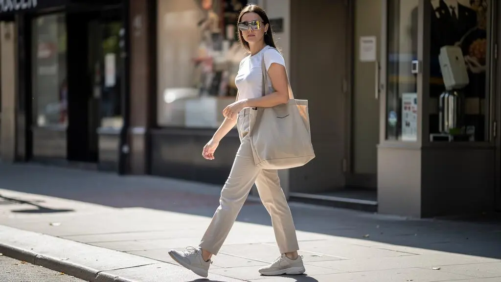 Une femme porte des lunettes rétrofuturistes en marchant sur un trottoir ensoleillé.